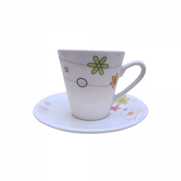 TAZAS PARA CAFÉ FLORES DE COLORES CON OREJAS Y PLATOS DE 6 UNIDADES