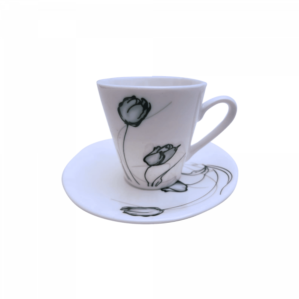 TAZAS PARA CAFÉ FLORES NEGRAS CON OREJAS Y PLATOS DE 6 UNIDADES