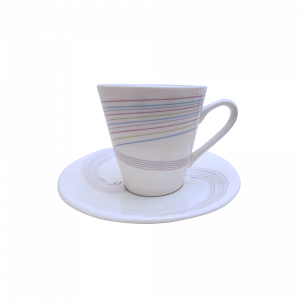 TAZAS PARA CAFÉ LÍNEAS DE COLORES CON OREJAS Y PLATOS DE 6 UNIDADES