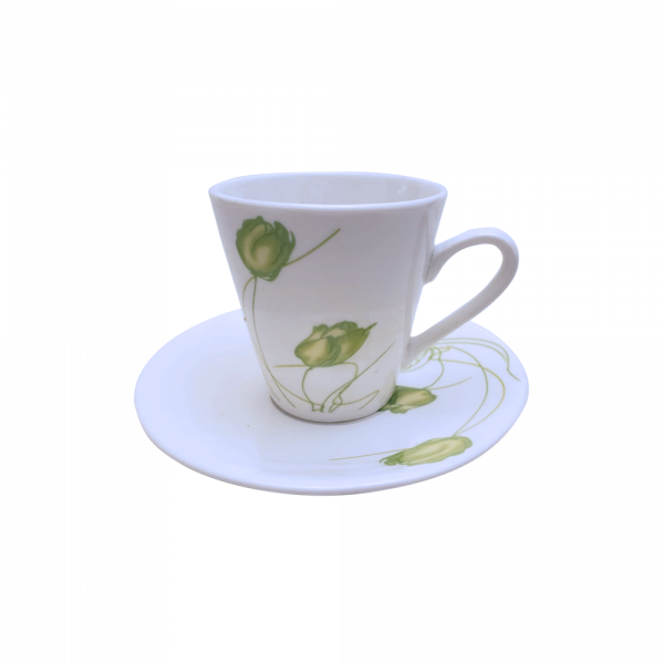 TAZAS PARA CAFÉ FLORES VERDES CON OREJAS Y PLATOS DE 6 UNIDADES